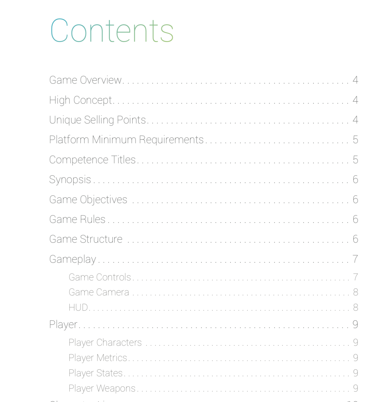 Exemple de table des matières dans le document de game design
